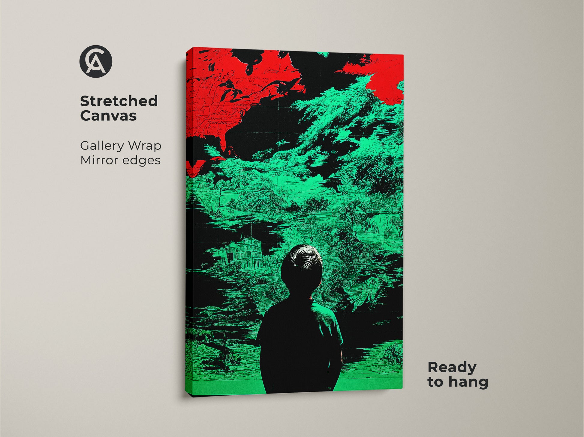 A stretched canvas print of surreal abstract map wall art with a glitch art style. The red and green landscape features a child silhouette. It is ready to hang with gallery wrap mirror edges. Perfect for modern office decor or an eclectic study room. This canvas print offers a unique wall art solution.