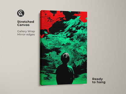 A stretched canvas print of surreal abstract map wall art with a glitch art style. The red and green landscape features a child silhouette. It is ready to hang with gallery wrap mirror edges. Perfect for modern office decor or an eclectic study room. This canvas print offers a unique wall art solution.