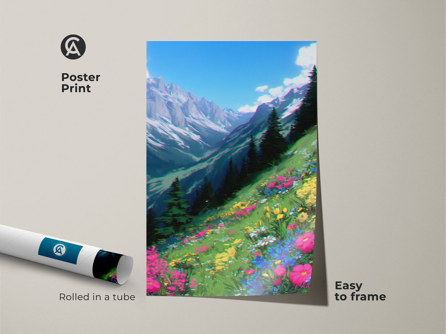 Poster print of an anime mountain landscape. The artwork shows a colorful wildflower field. Easy to frame this nature decor for your bedroom. Rolled in a tube. It's a great gift for outdoors enthusiasts.