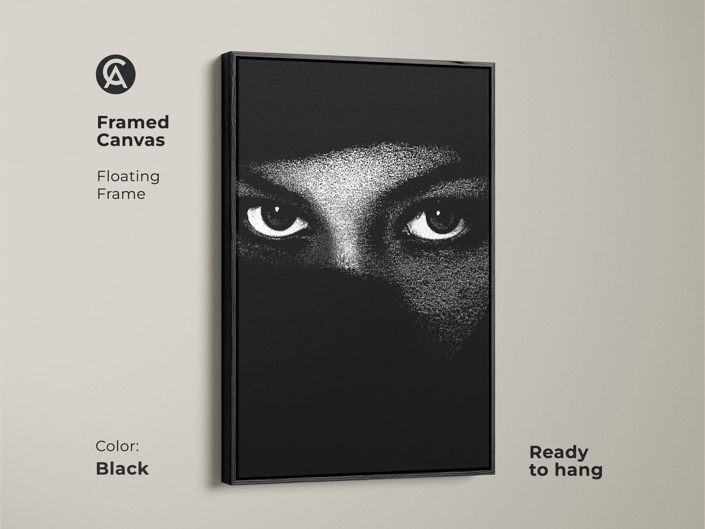 Black framed canvas showcases monochrome eyes wall art. The abstract face canvas print is minimalist portrait art. Black and white bedroom decor makes for contemporary living room art. High contrast artwork offers a modern abstract print. This mystery themed art is ready to hang.