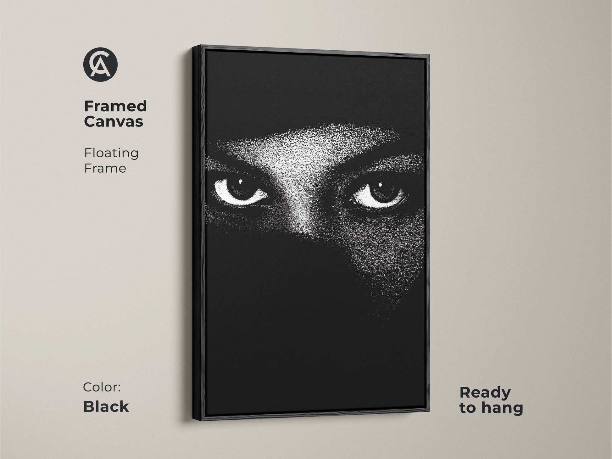 Black framed canvas showcases monochrome eyes wall art. The abstract face canvas print is minimalist portrait art. Black and white bedroom decor makes for contemporary living room art. High contrast artwork offers a modern abstract print. This mystery themed art is ready to hang.