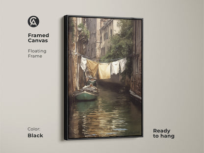 Framed canvas art featuring a Venetian canal with a green boat. A black floating frame enhances this impressionistic cityscape wall art. Ready to hang this traditional European home decor adds elegance to any wall. A classic art print for dining room decor.