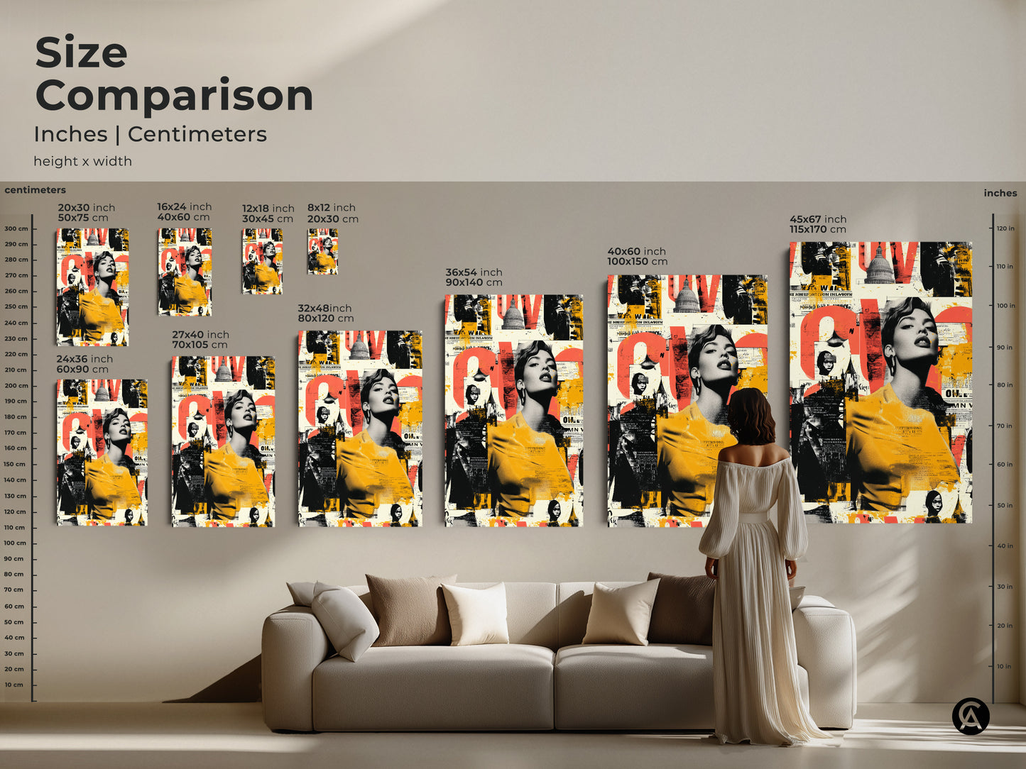 Size comparison of the retro woman portrait artwork in inches and centimeters. Visualize how the art fits in different spaces from a studio apartment to a living room. Available as canvas and poster prints. The colorful eclectic wall artwork makes a bold statement in any home.
