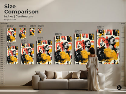 Size comparison of the retro woman portrait artwork in inches and centimeters. Visualize how the art fits in different spaces from a studio apartment to a living room. Available as canvas and poster prints. The colorful eclectic wall artwork makes a bold statement in any home.