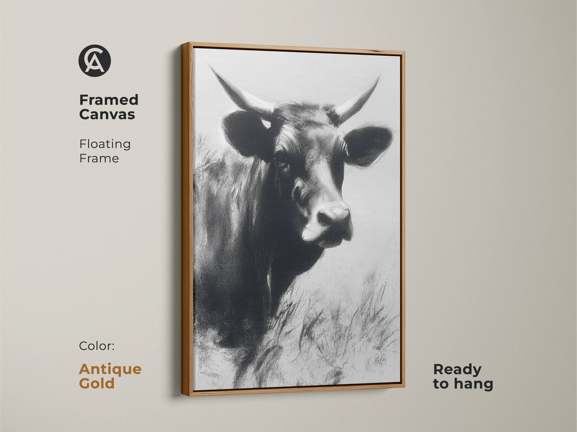 Framed canvas with a floating frame in antique gold. This monochrome cow art print is a great addition to any space. The black and white farm animal decor is ready to hang. Ideal for a vintage touch.