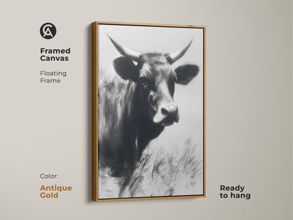 Framed canvas with a floating frame in antique gold. This monochrome cow art print is a great addition to any space. The black and white farm animal decor is ready to hang. Ideal for a vintage touch.