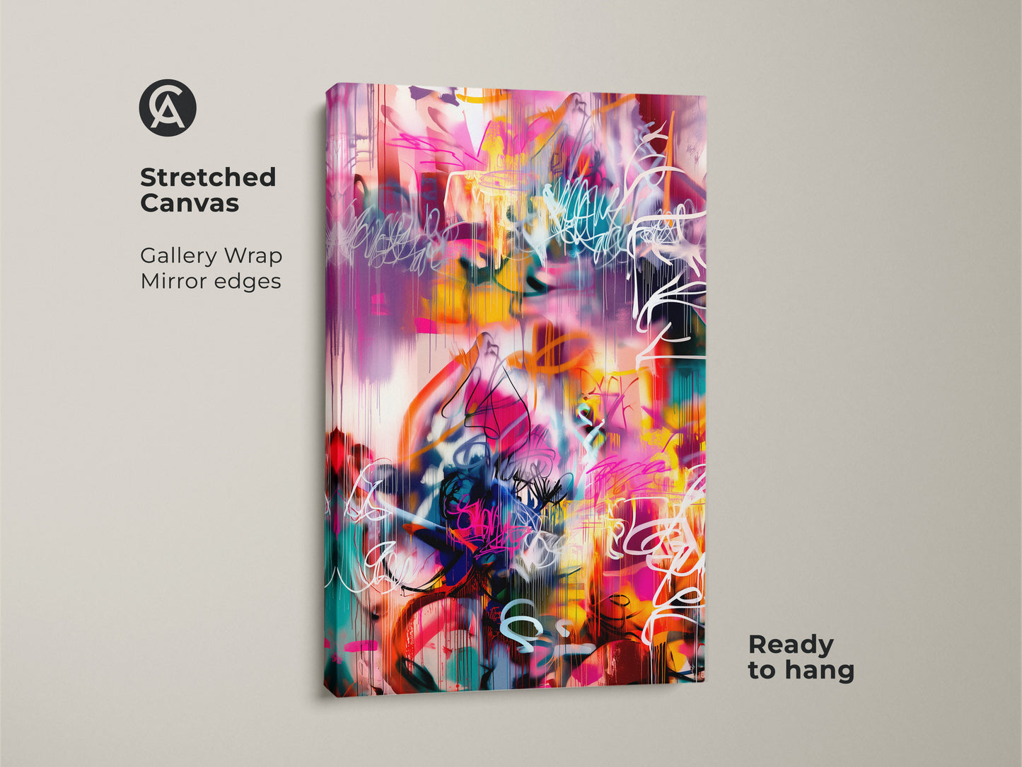 Stretched canvas art featuring a vibrant abstract painting. Gallery wrapped canvas with mirror edges is ready to hang. The artwork showcases a colorful mix of pink yellow teal and white paint strokes. A striking piece to enhance your home decor.