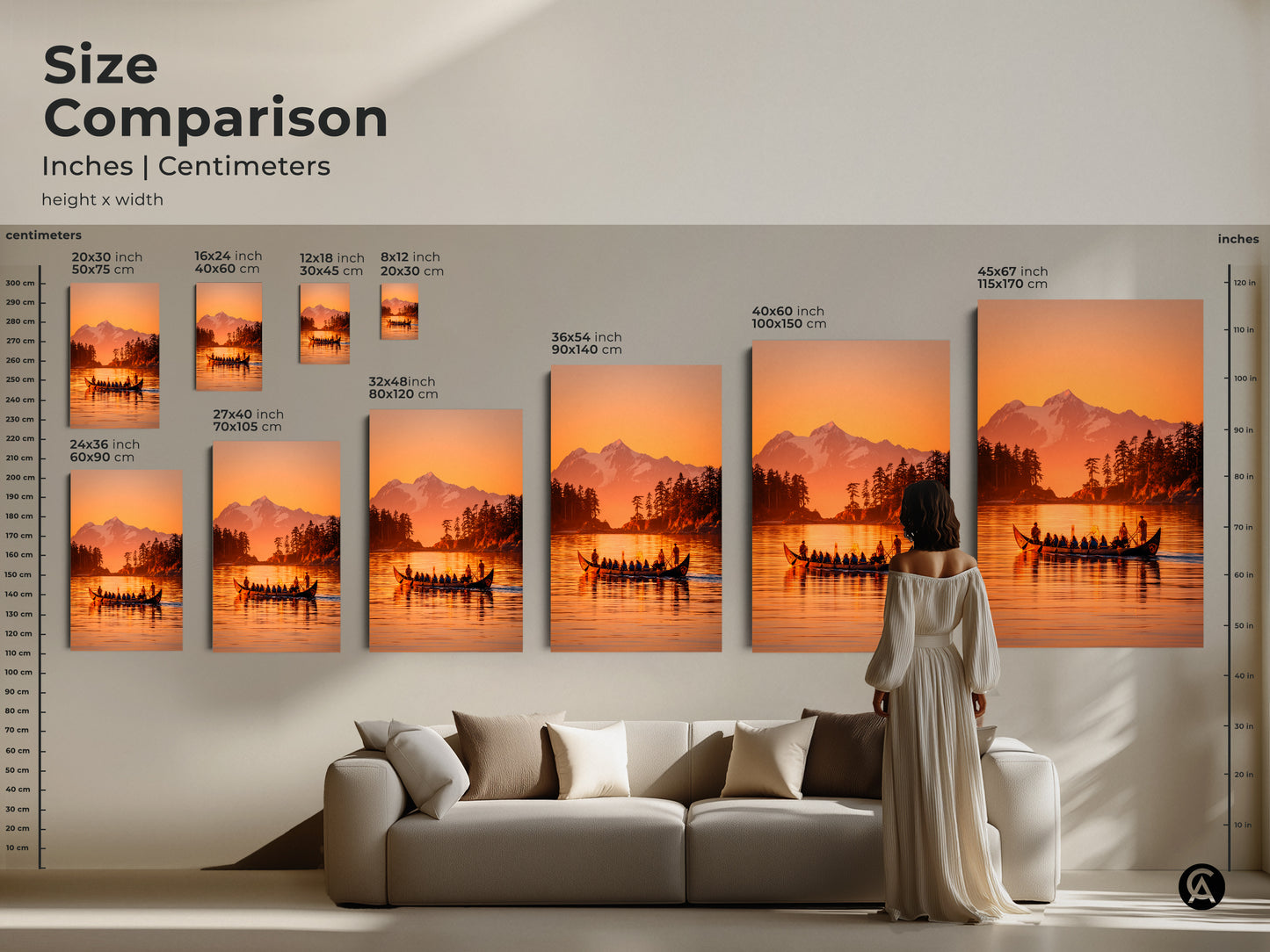 Compare sizes of canoe artwork prints. See how each size fits above a couch. Choose from 16x24 to 45x67 inch canvas and poster. Find the perfect dimensions to complement your decor. Elevate your home with captivating wall art.