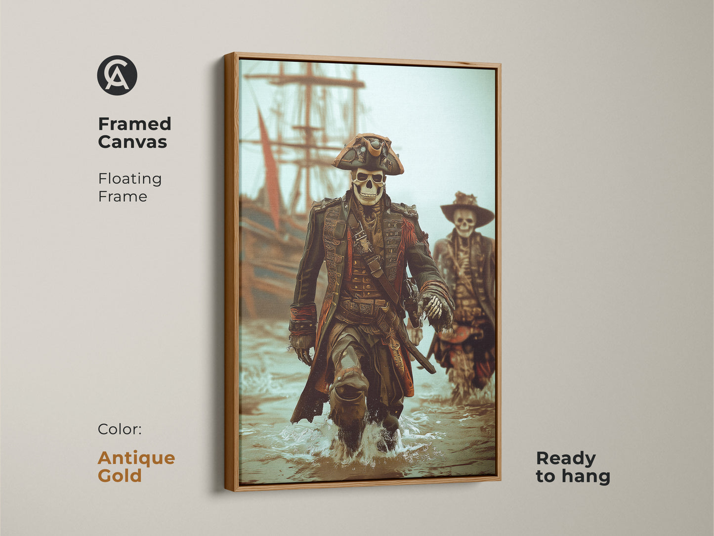 Antique Gold framed canvas featuring a Skeleton Pirate Captain leading his crew ashore. This gothic nautical fantasy artwork is ready to hang. The dark brown and teal tones enhance its eclectic pirate print style. Perfect for a man cave office or Halloween decor.