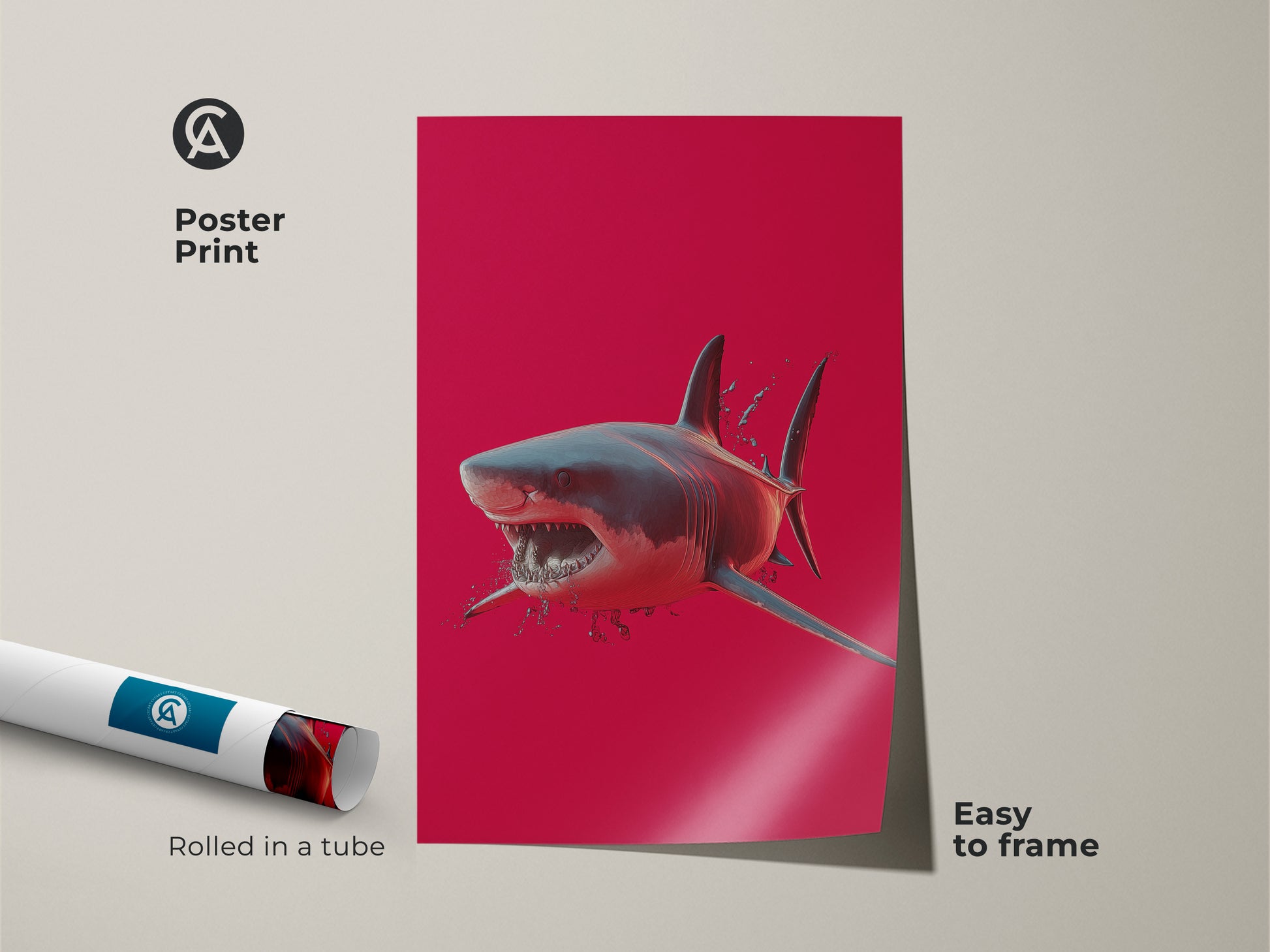 This poster print features dynamic great white shark art. Rolled in a tube it's easy to frame. The crimson ocean wall art is a bold statement piece. This shark wildlife canvas captures ocean beauty.