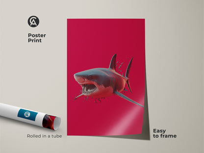 This poster print features dynamic great white shark art. Rolled in a tube it's easy to frame. The crimson ocean wall art is a bold statement piece. This shark wildlife canvas captures ocean beauty.