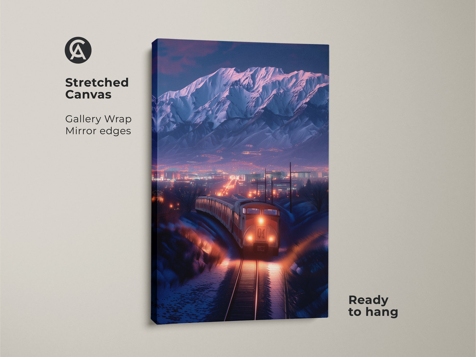 Stretched canvas art shows a winter train landscape. This mountain cityscape print features gallery-wrapped edges. Ready to hang cinematic artwork in orange and blue tones. A great decor for travel lovers This premium canvas enhances any living space. A unique snow train artwork perfect as a gift.
