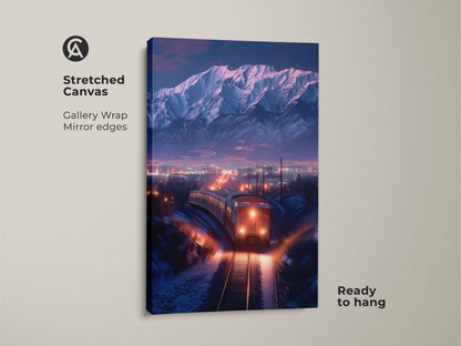 Stretched canvas art shows a winter train landscape. This mountain cityscape print features gallery-wrapped edges. Ready to hang cinematic artwork in orange and blue tones. A great decor for travel lovers This premium canvas enhances any living space. A unique snow train artwork perfect as a gift.