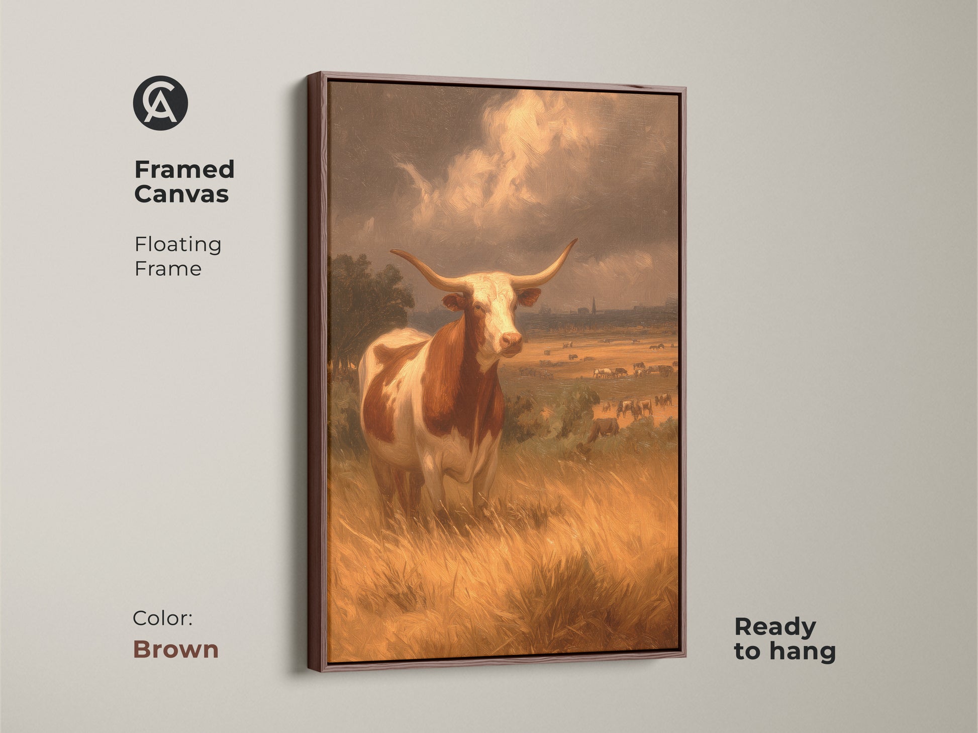 Enhance your home with this framed canvas art showcasing a Longhorn. The rich brown floating frame adds warmth and sophistication. It's ready to hang. The pastoral scene and intricate details make it a focal point. An ideal addition for a rustic or traditional setting.