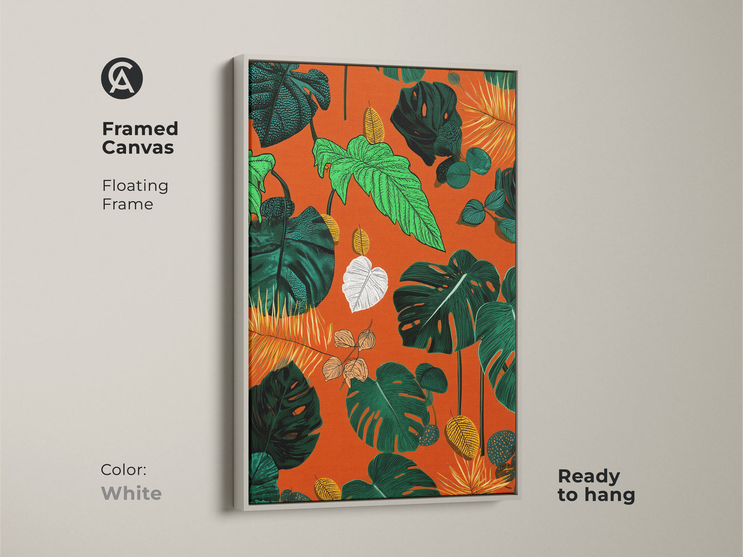 Explore print presentation options for boho botanical art. Choose from poster prints stretched canvas and framed canvas. Discover floating frame options in oak white black brown and antique gold. The tropical Monstera and fern leaves art enhances any residential botanical decor.