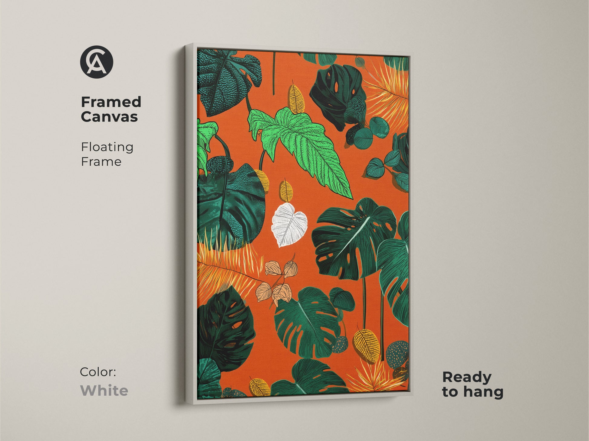 Explore print presentation options for boho botanical art. Choose from poster prints stretched canvas and framed canvas. Discover floating frame options in oak white black brown and antique gold. The tropical Monstera and fern leaves art enhances any residential botanical decor.