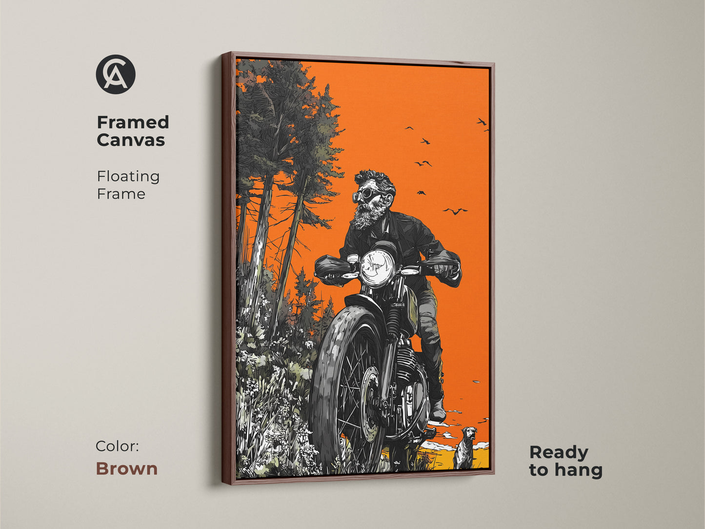 Framed canvas artwork featuring a skeleton biker on a motorcycle. The brown floating frame enhances the art. This piece is ready to hang. The artwork combines a skeleton biker with a natural landscape. A unique piece.