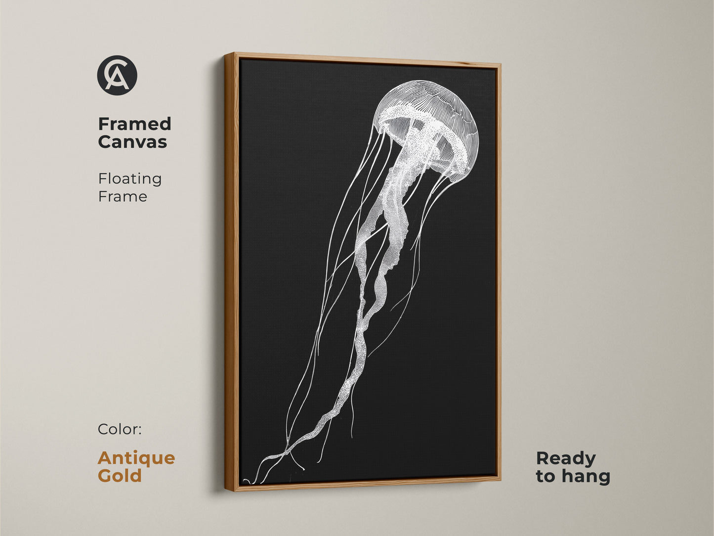 A framed canvas features minimalist jellyfish artwork with a floating antique gold frame. This contemporary sea life decor is ready to hang. The black and white line art adds sophistication to any space.