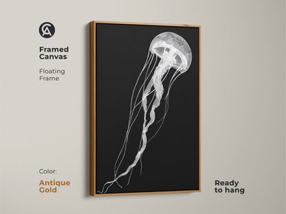 A framed canvas features minimalist jellyfish artwork with a floating antique gold frame. This contemporary sea life decor is ready to hang. The black and white line art adds sophistication to any space.