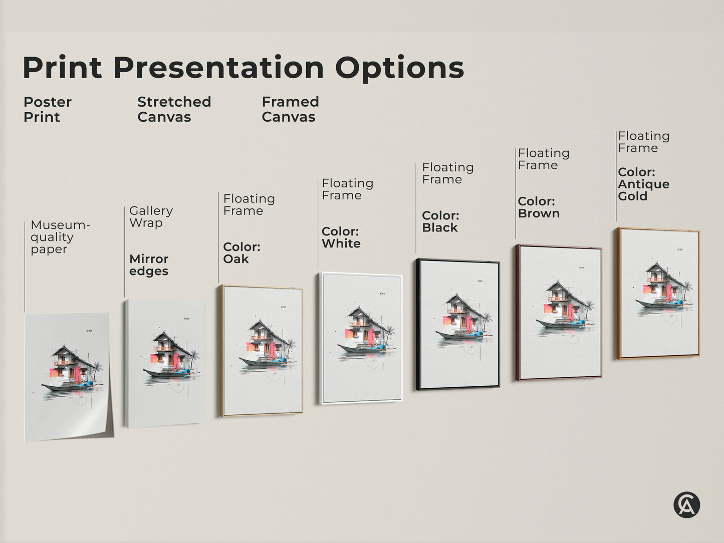Explore print presentation options for architectural floating house artwork. Choose from poster prints stretched canvases and framed canvas. Gallery wrap and floating frame choices are available.
