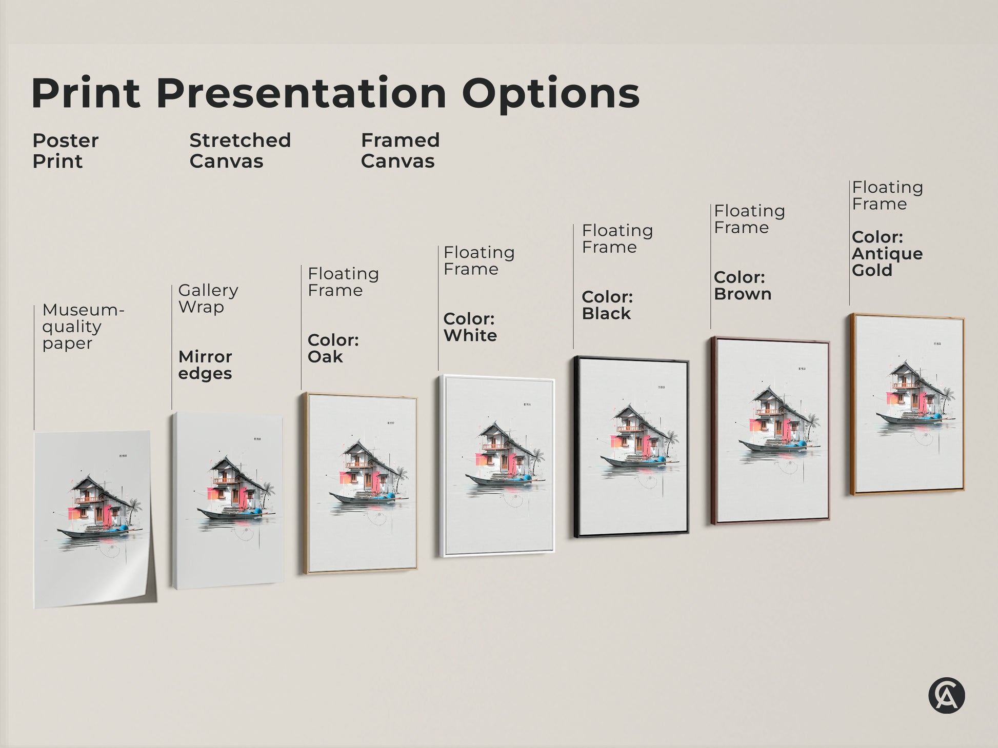 Explore print presentation options for architectural floating house artwork. Choose from poster prints stretched canvases and framed canvas. Gallery wrap and floating frame choices are available.