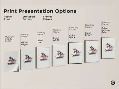 Explore print presentation options for architectural floating house artwork. Choose from poster prints stretched canvases and framed canvas. Gallery wrap and floating frame choices are available.