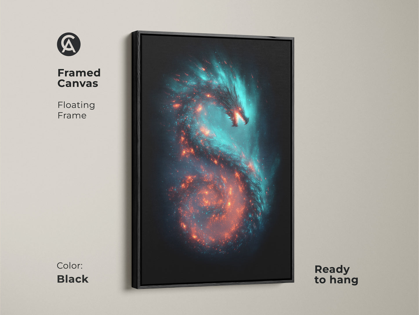 Framed canvas of a galaxy dragon art print. The floating frame enhances the cosmic nebula artwork. The teal and orange space art is ready to hang. Ideal for eclectic sci-fi wall decor. The black frame adds a sleek touch to this fantasy dragon artwork.