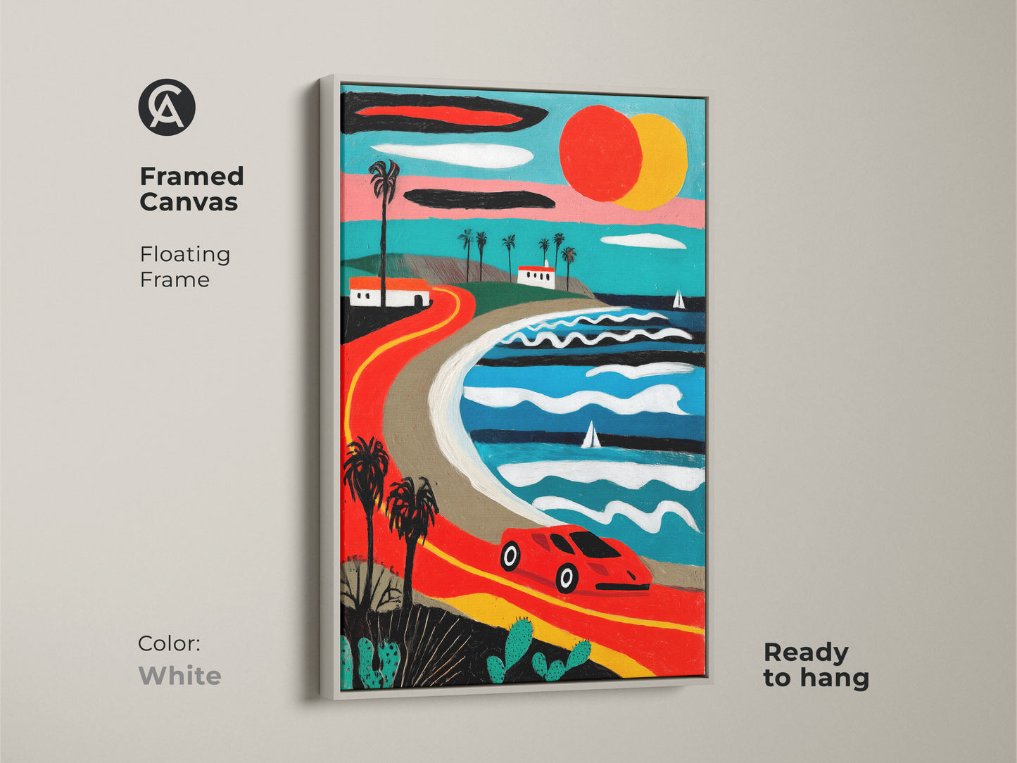 Framed canvas in white showcases a retro coastal road trip. A vintage car drives along a palm-lined road with ocean views. Mid-century modern artwork adds a pop of color. Ready to hang ideal for travel lovers or car enthusiasts.