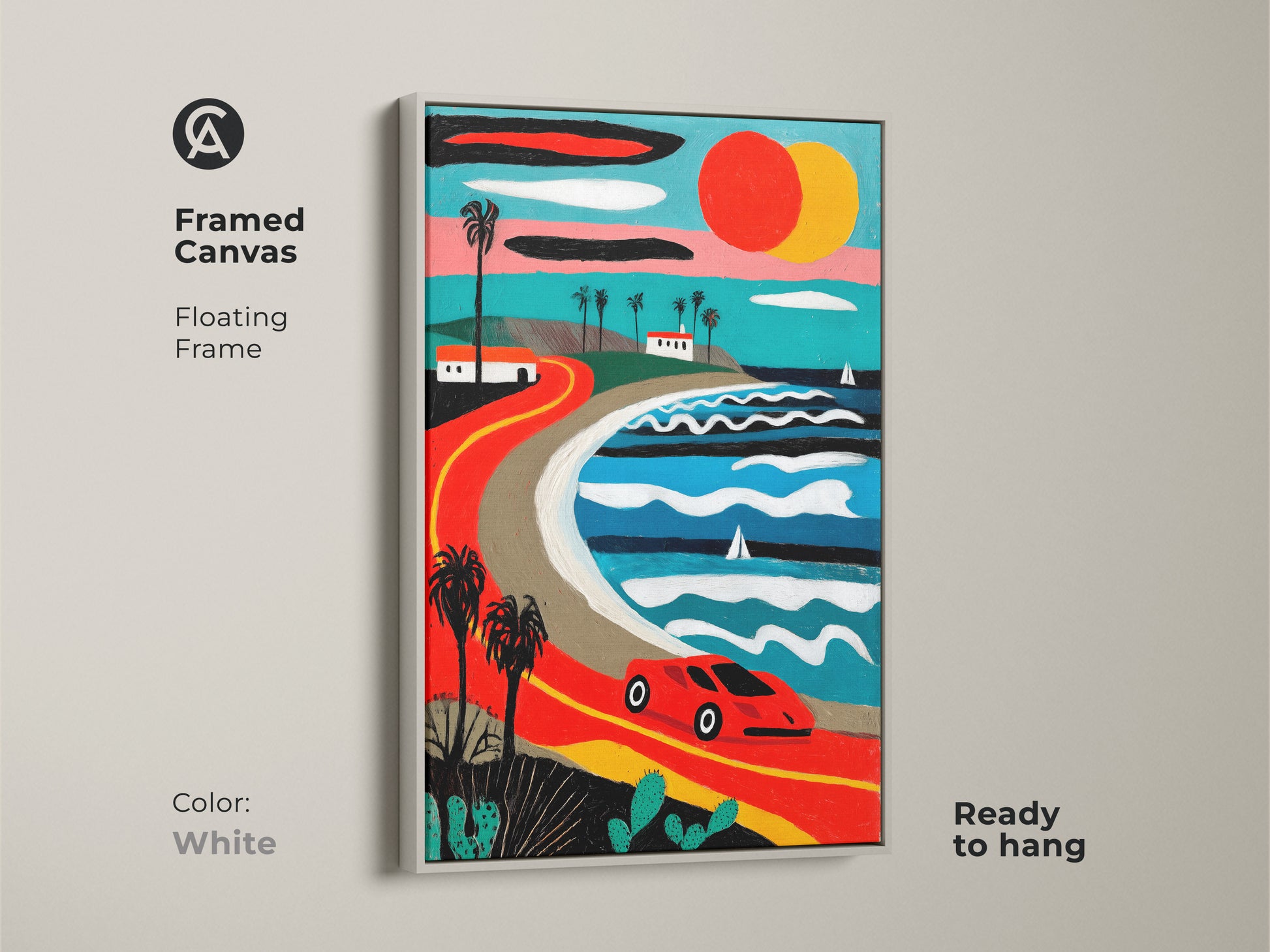 Framed canvas in white showcases a retro coastal road trip. A vintage car drives along a palm-lined road with ocean views. Mid-century modern artwork adds a pop of color. Ready to hang ideal for travel lovers or car enthusiasts.