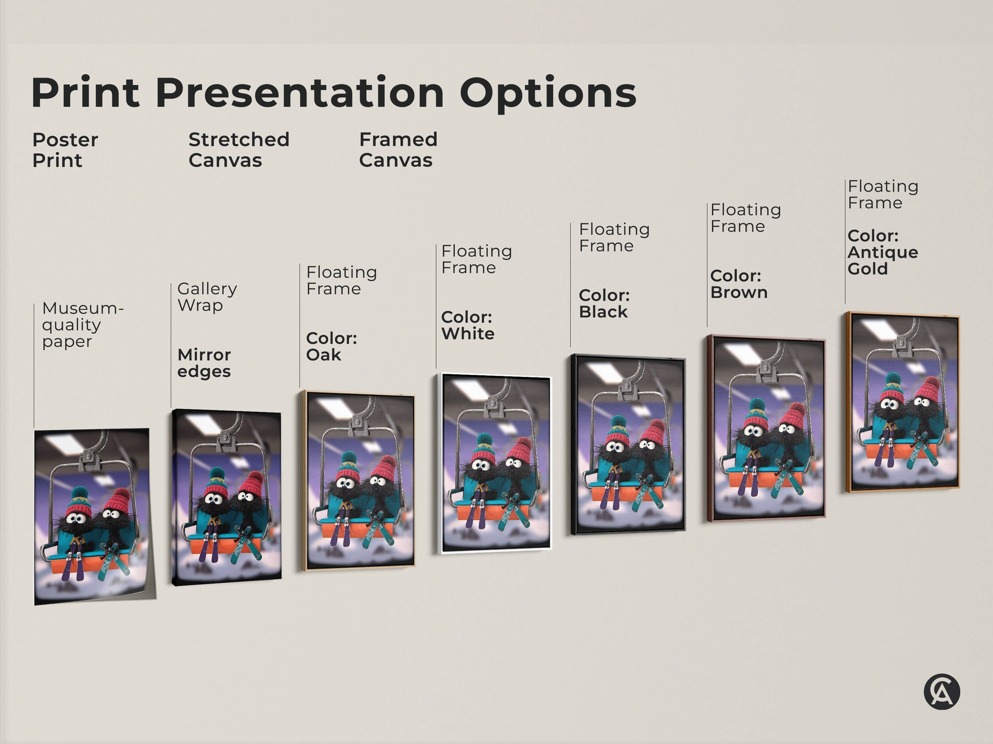 Explore print presentation options for the cartoon skiing furballs art print. Choose from poster prints stretched canvas and framed canvas. Select a color oak white black brown or antique gold. This diverse range suits any kids' room or eclectic decor. Find the perfect children's gift art.