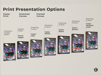Explore print presentation options for the cartoon skiing furballs art print. Choose from poster prints stretched canvas and framed canvas. Select a color oak white black brown or antique gold. This diverse range suits any kids' room or eclectic decor. Find the perfect children's gift art.