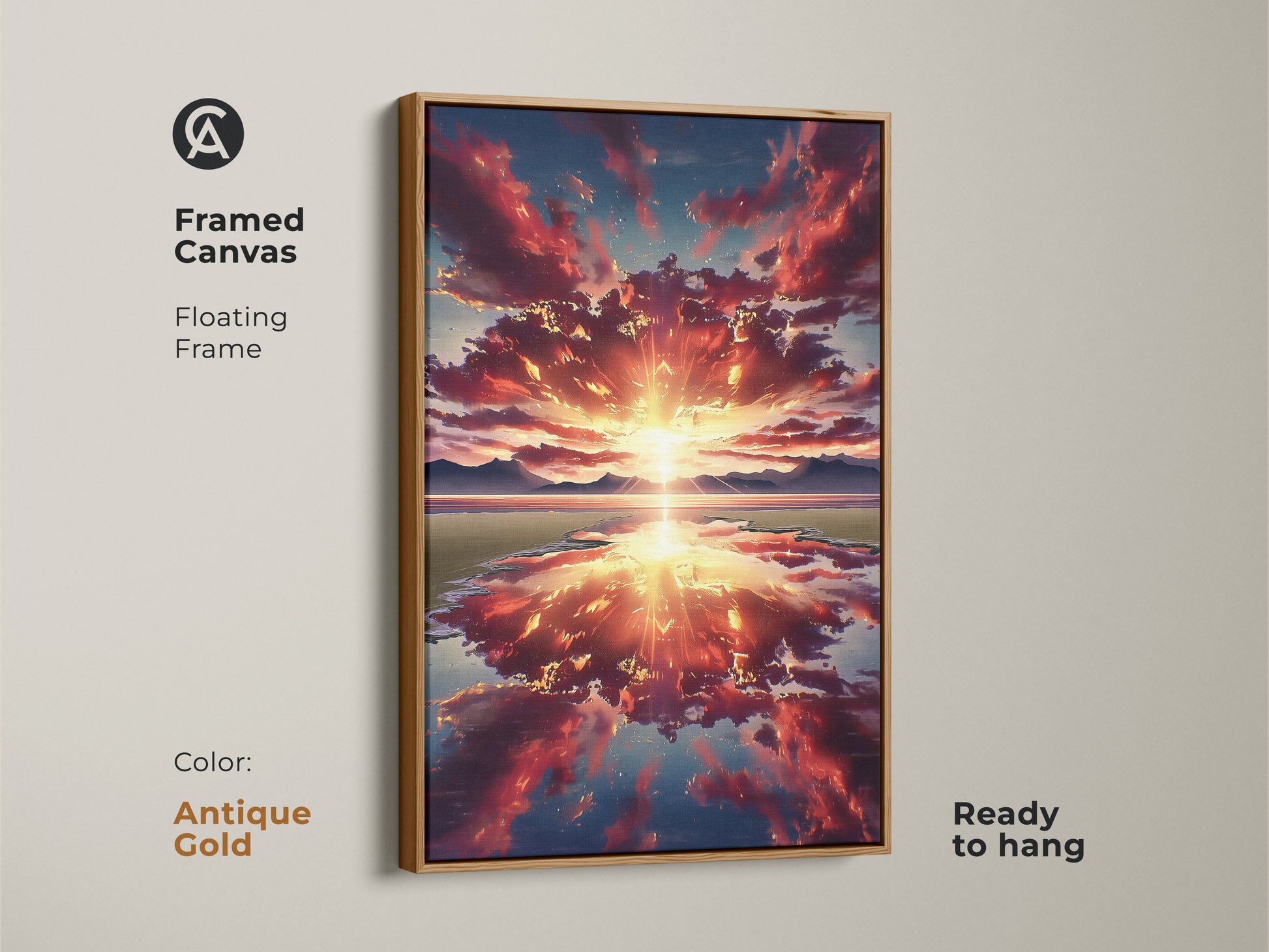 A framed canvas with an antique gold frame displays a sunset over mountains. This reflection landscape print is ready to hang. It's ideal bedroom wall decor with vivid sky colors.