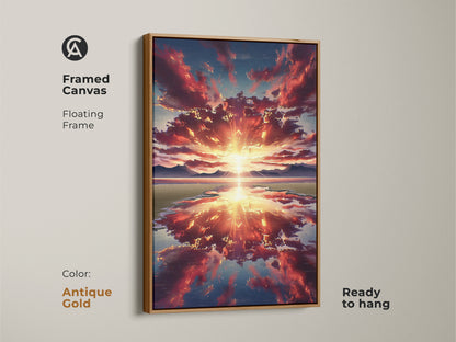 A framed canvas with an antique gold frame displays a sunset over mountains. This reflection landscape print is ready to hang. It's ideal bedroom wall decor with vivid sky colors.