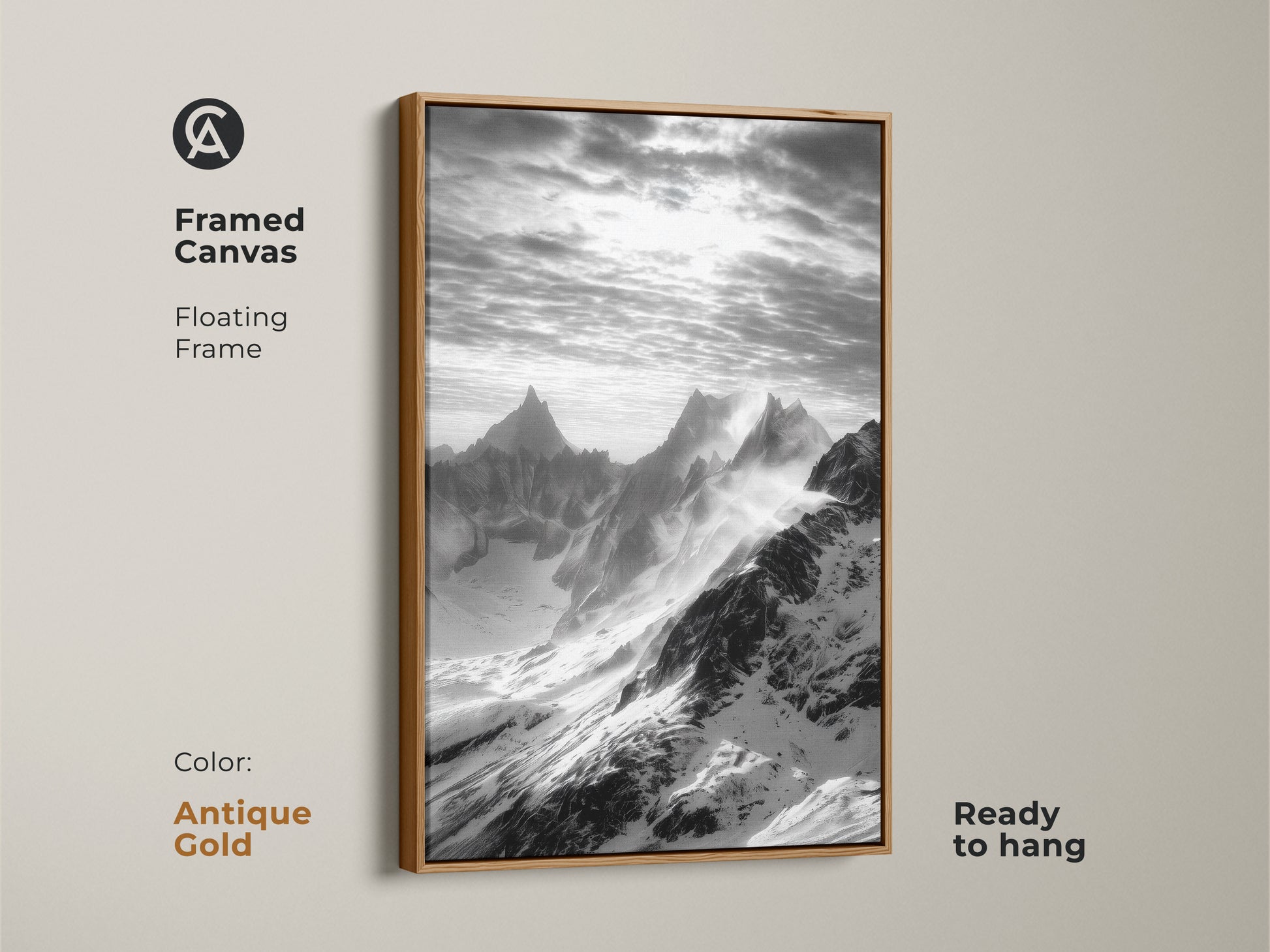 Monochrome mountain art in a framed canvas. This snowy peaks canvas print features a floating antique gold frame. This black and white landscape is ready to hang. It's modern nature wall decor for sophisticated spaces.