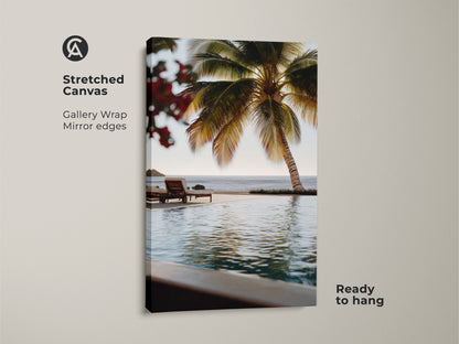 Stretched Canvas of Tropical Palm Tree and Ocean. Gallery wrapped with mirror edges. Coastal beach canvas print ready to hang. Photorealistic teal ocean artwork with green palm leaves. Enhance your bedroom beach theme with this serene ocean landscape print.