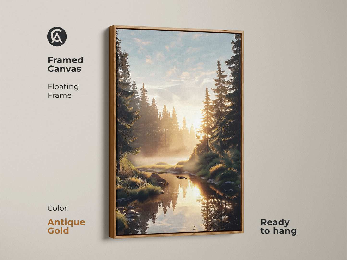 Framed canvas showcasing a golden hour landscape with a reflective river. The antique gold floating frame adds elegance to this nature artwork. This pine tree wall hanging is ready to hang. A scenic forest artwork perfect for housewarming.