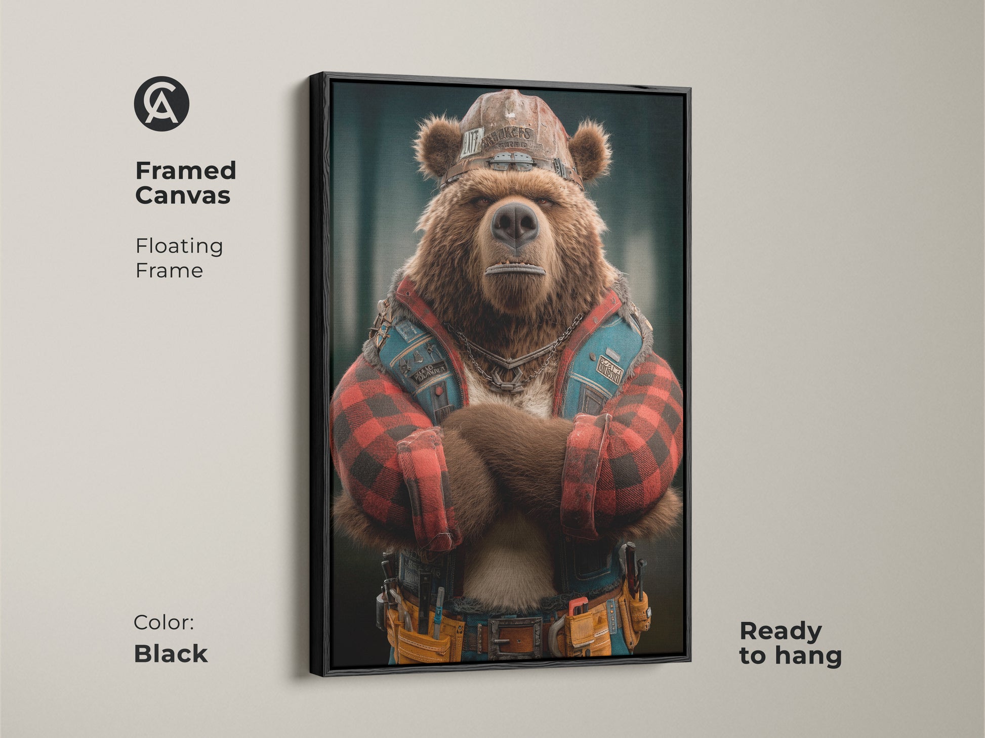 Framed Canvas Industrial Bear artwork in a Black Frame This digital artwork shows a bear as a construction worker. This unique animal artwork will add character to any space. This rustic bear wall art is ready to hang as framed canvas