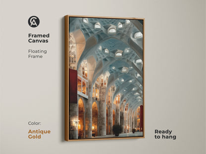Framed canvas of Gothic Arches Wall Art with an antique gold floating frame. The art nouveau architectural print offers a sophisticated touch. Teal blue and gray tones enhance this unique artwork. Ready to hang and great for eclectic home decor.