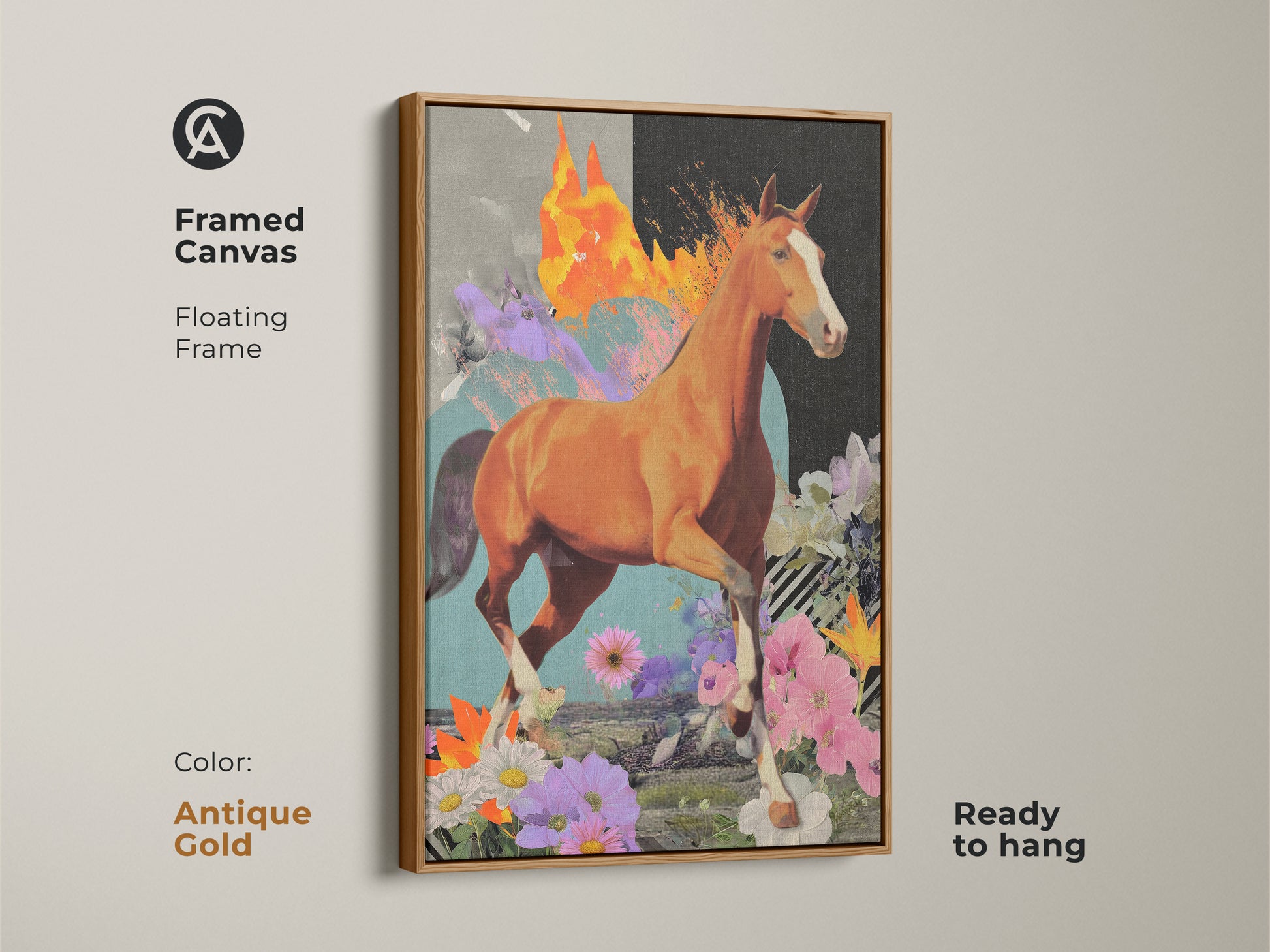 The framed canvas shows a surreal horse artwork with a floating frame. This eclectic collage wall art presents a dynamic horse and abstract textures. The antique gold frame enhances the orange brown and teal tones. Ready to hang this mixed media horse print is a unique wall art.