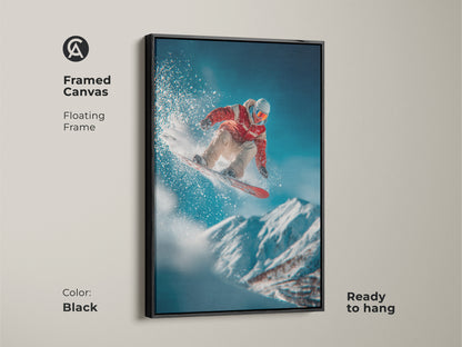 Framed canvas art shows a snowboarder jumping. The floating black frame gives a sleek modern look. Ready to hang this artwork brings energy to your space. Perfect for action and sports art collectors.