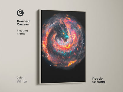 Framed canvas featuring a cosmic dragon. The floating frame is in white. This artwork is ready to hang. Perfect for adding a celestial touch to your home. A great piece of alien dragon print for any space.