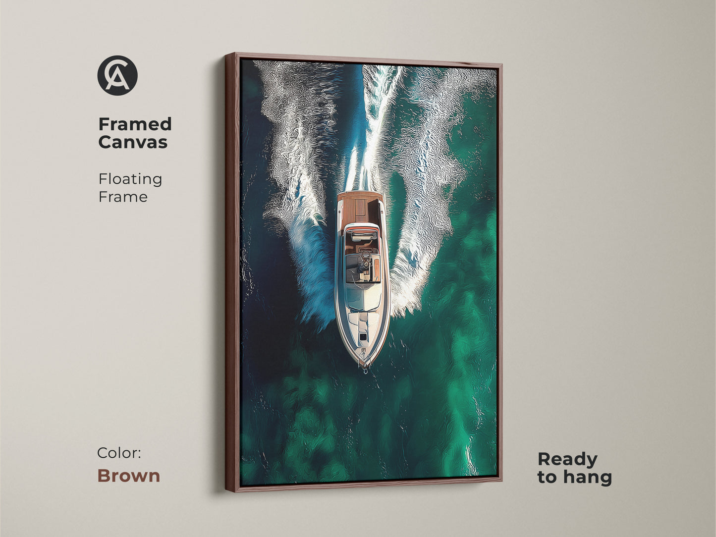 This framed canvas features a floating frame in brown. This abstract speedboat artwork showcases teal and deep green waters. It's a perfect modern home decor piece. Ideal as a housewarming gift for boating enthusiasts. The art print is ready to hang.