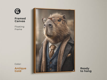 A framed canvas in antique gold presents a dapper capybara art piece. This photorealistic animal portrait features a distinguished scarf. The unique tan blue and brown artwork is ready to hang ideal for eclectic decor.