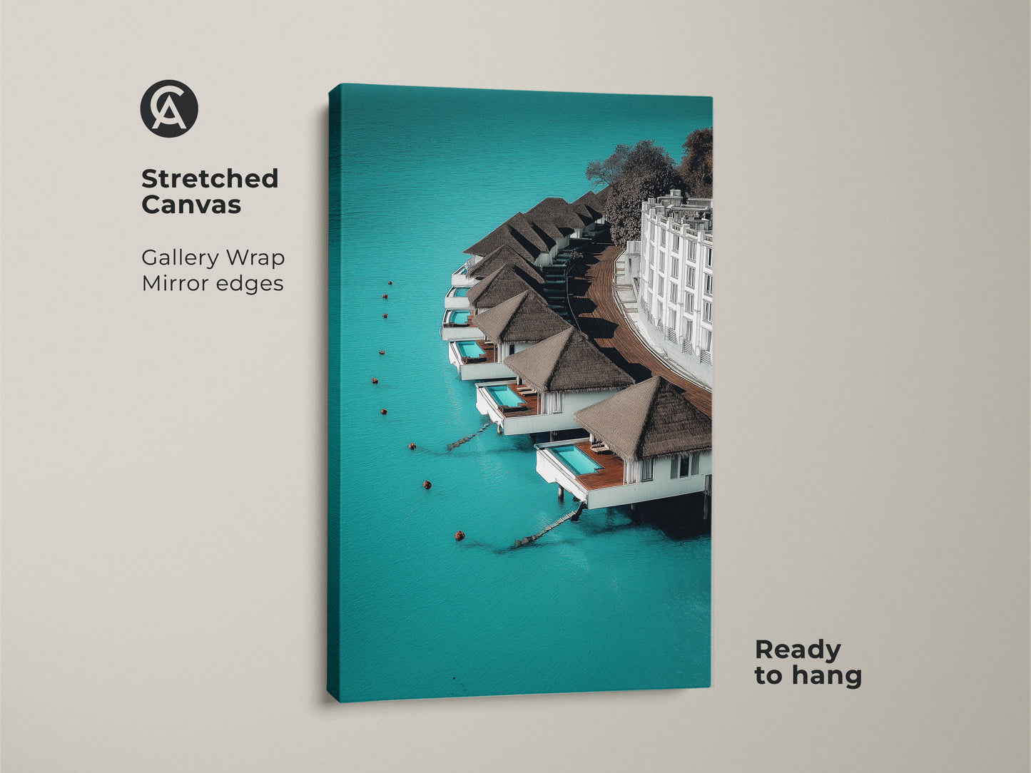 Stretched canvas featuring minimalist overwater bungalows. The turquoise ocean landscape gallery wrap has mirror edges and is ready to hang. This tropical resort wall decor makes a stunning contemporary statement. It is ideal for travel lovers.