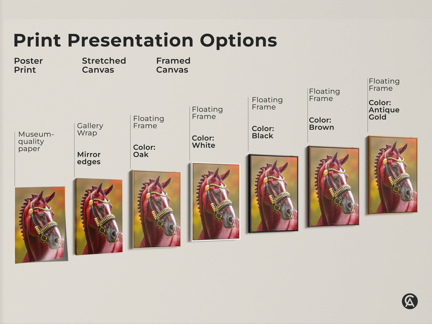 Print presentation options for a stunning equestrian horse art print. Choices include poster stretched and framed canvas. Each option features a traditional maroon and gold bridle for a sophisticated home decor gift.