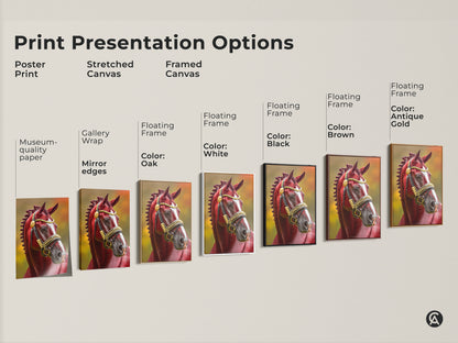 Print presentation options for a stunning equestrian horse art print. Choices include poster stretched and framed canvas. Each option features a traditional maroon and gold bridle for a sophisticated home decor gift.