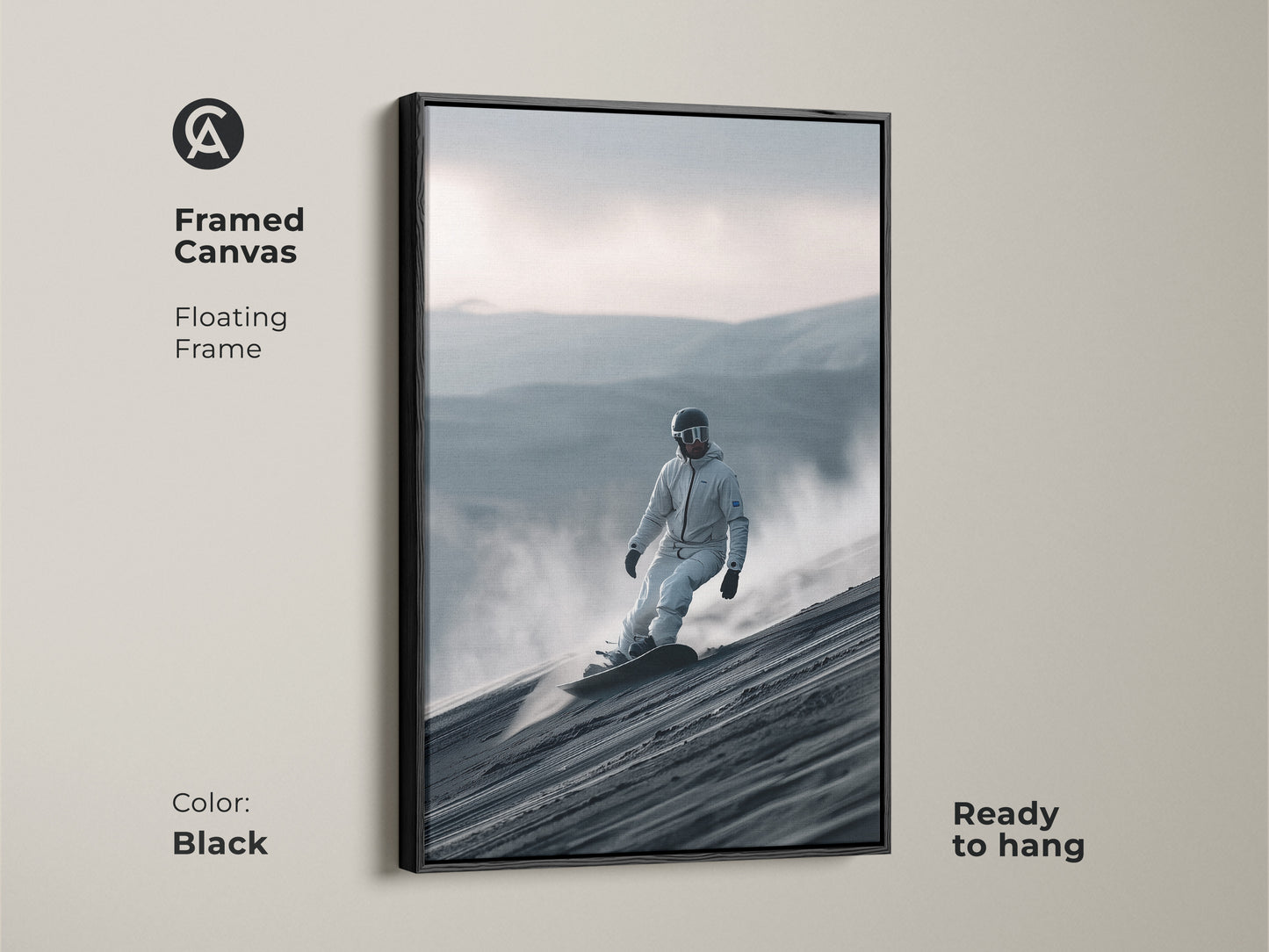 Black framed canvas art featuring a snowboarder. The floating frame adds a touch of sophistication. Ready to hang this artwork showcases a snowboarder on a sand dune. Ideal for contemporary spaces. Makes a bold statement.