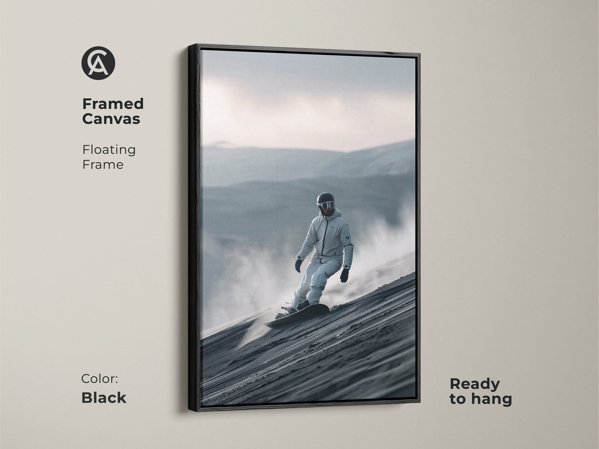 Black framed canvas art featuring a snowboarder. The floating frame adds a touch of sophistication. Ready to hang this artwork showcases a snowboarder on a sand dune. Ideal for contemporary spaces. Makes a bold statement.