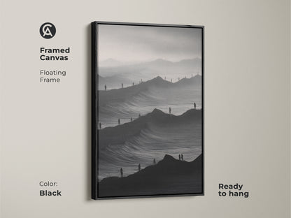 Black framed canvas showcasing surreal mountain waves art. A minimalist people landscape for modern decor. This monochrome print is ready to hang. The fine art canvas print adds a dramatic touch to your space.