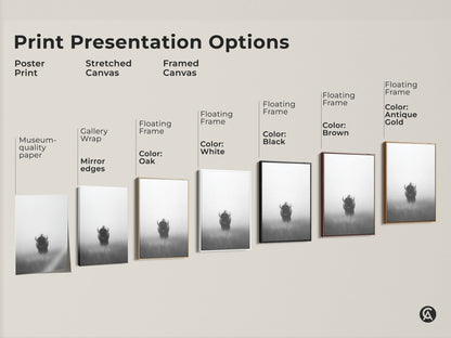 Print presentation options showcase a museum-quality paper poster print and stretched canvas. Also shown is framed canvas featuring a minimalist bison. All art are black and white with different frame colors. Perfect for adding a rustic touch to any room.